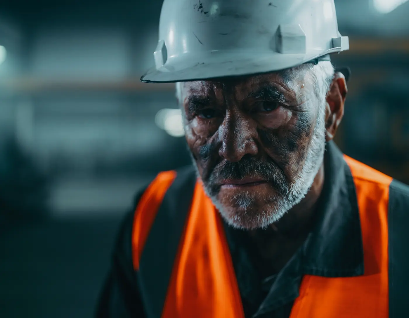 An experienced worker in a hard hat and hi-vis vest looking directly at the camera on a plant floor.